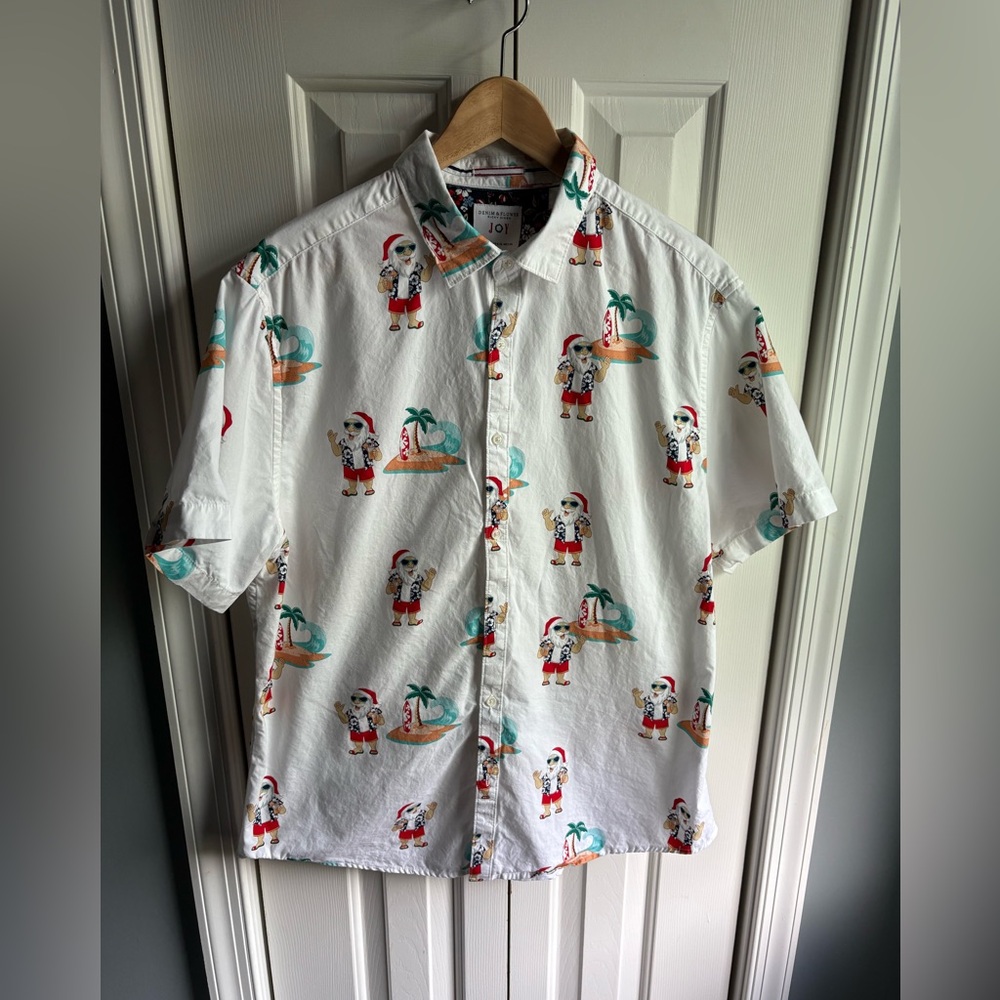 Denim & Flower Joy Mens Short Sleeve Santa Print Button Up Shirt Size XL